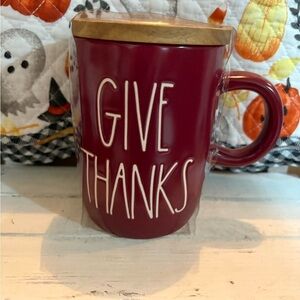 Rae Dunn Burgundy Mug with Wood Lid - 'Give Thanks'